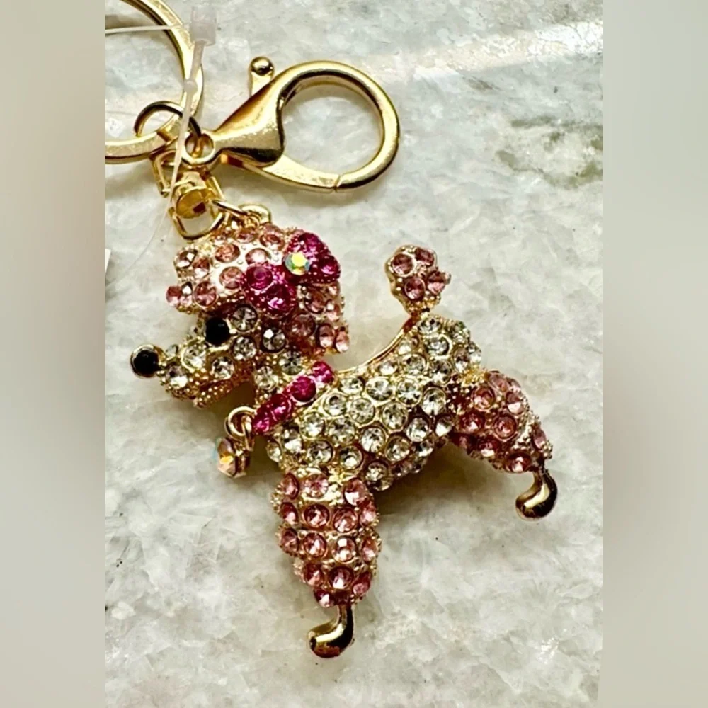 New Pink & Clear Rhinestone French Poodle Dog Gold Tone Purse Charm Keychain